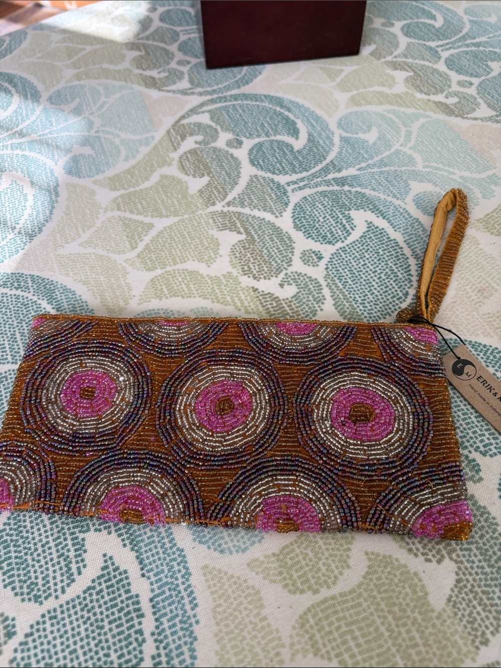 Hand-Beaded Wristlet Clutch in Pink and Gold